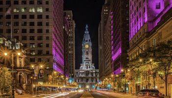 Diminishing View Of Illuminated Street Against Philadelphia City Hall At Night