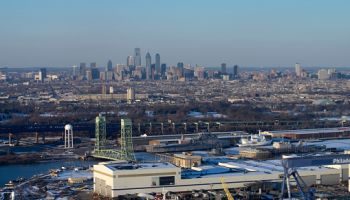Aerial view of Philadelphia and a shipyard