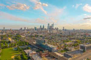 Amazing Philadelphia, Pennsylvania Skyline View As Seen From Girard Ave From A Drone Point Of View On Sunny Afternoon