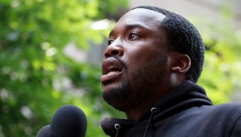 Rapper Meek Mill addresses a rally outside the courthouse...